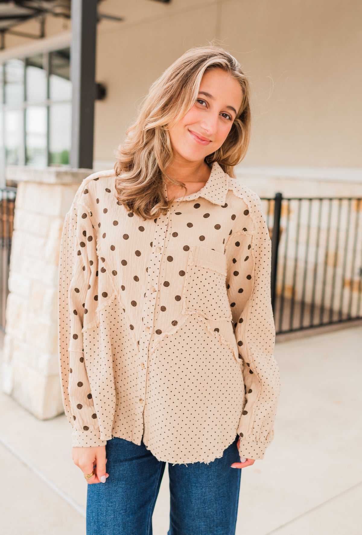 Palmer Top | Tan Polka Dot