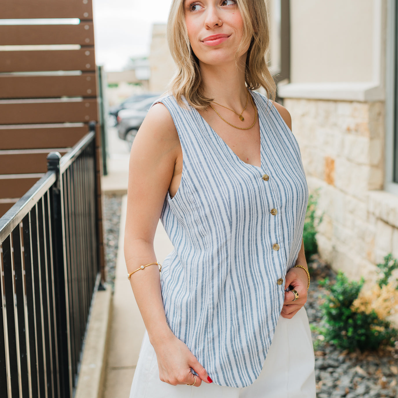 Quincy Linen Vest | Blue Stripe