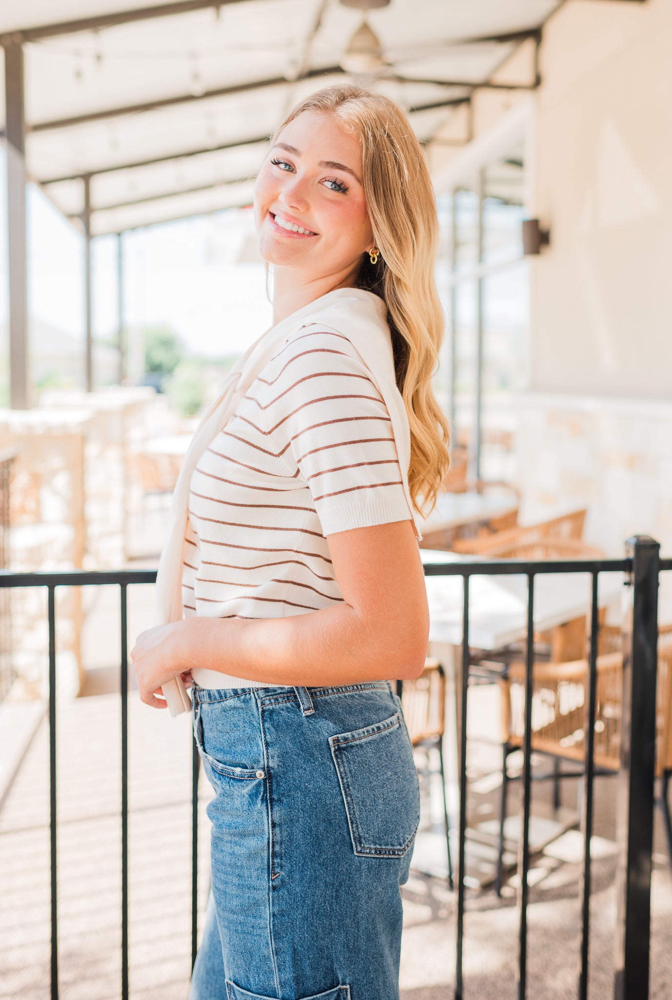 Aubrie Scarf Top | Ecru Stripe