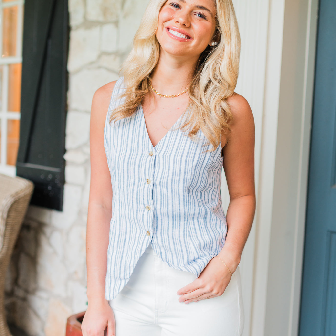 Quincy Linen Vest | Blue Stripe