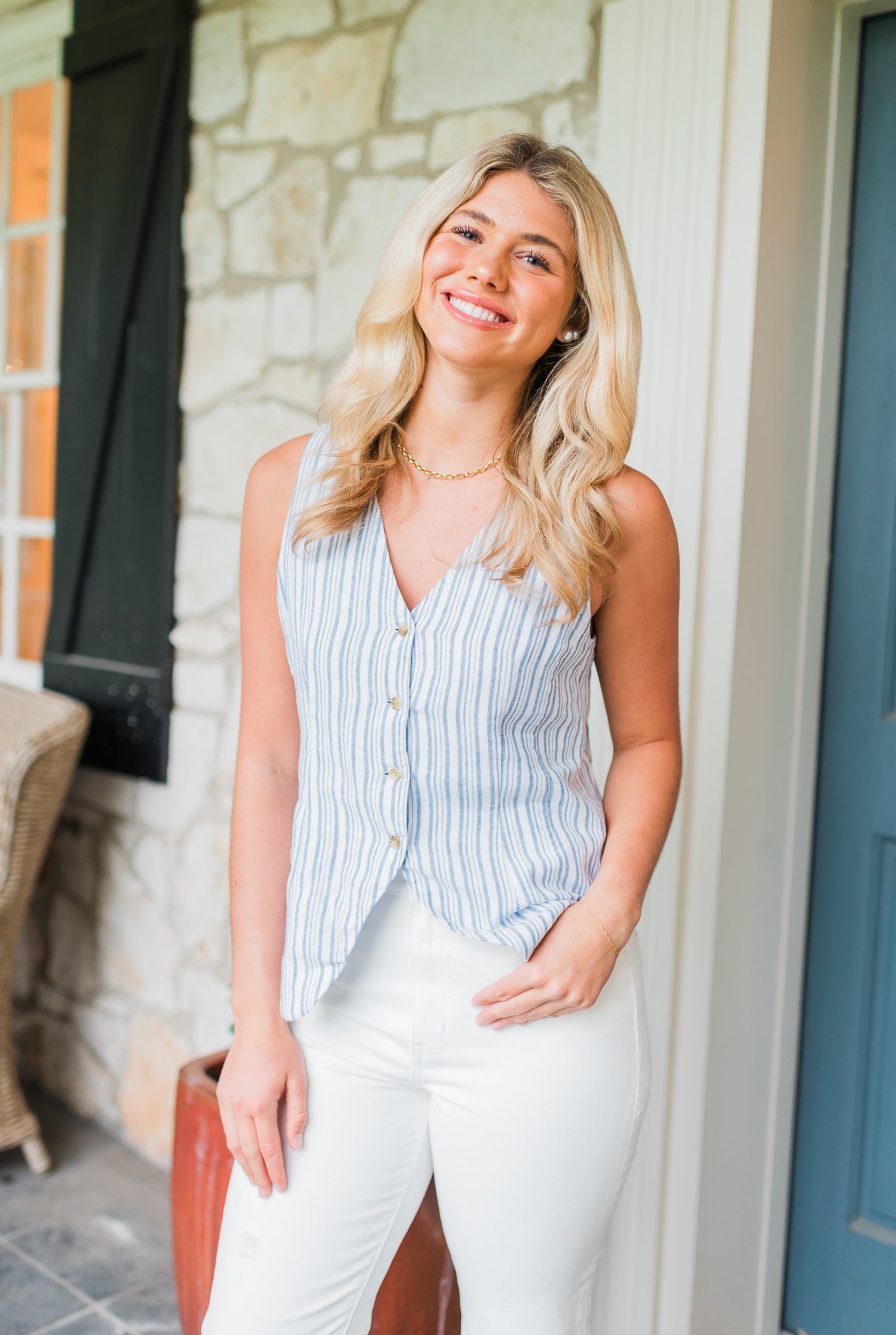 Quincy Linen Vest | Blue Stripe