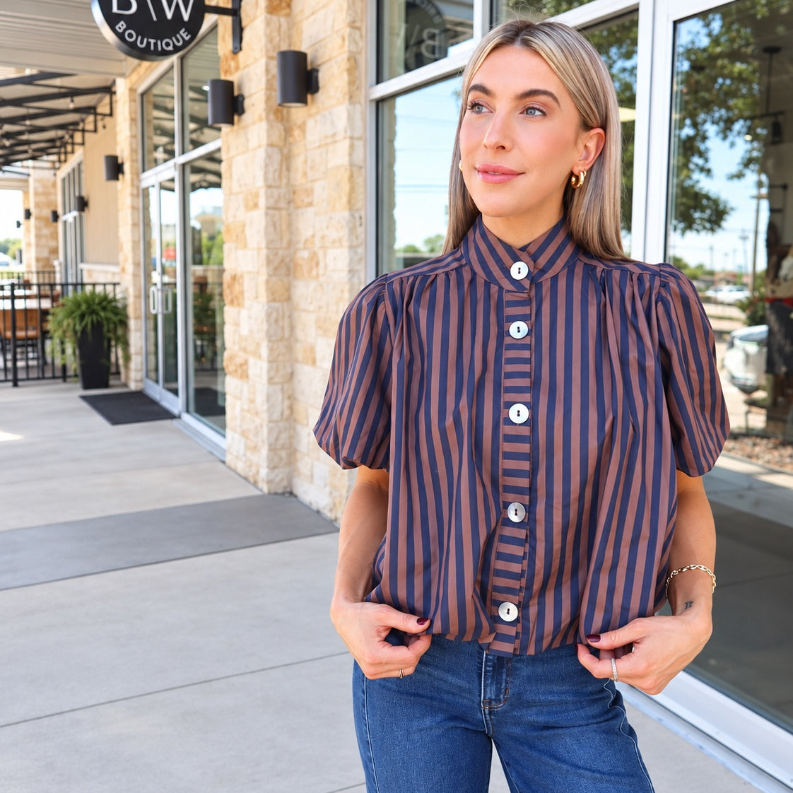 Spencer Top | Navy Brown Stripe