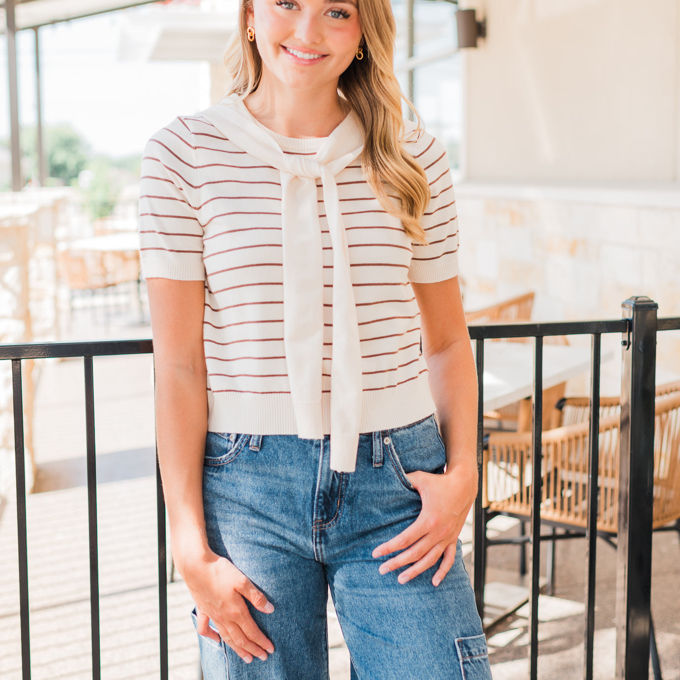 Aubrie Scarf Top | Ecru Stripe