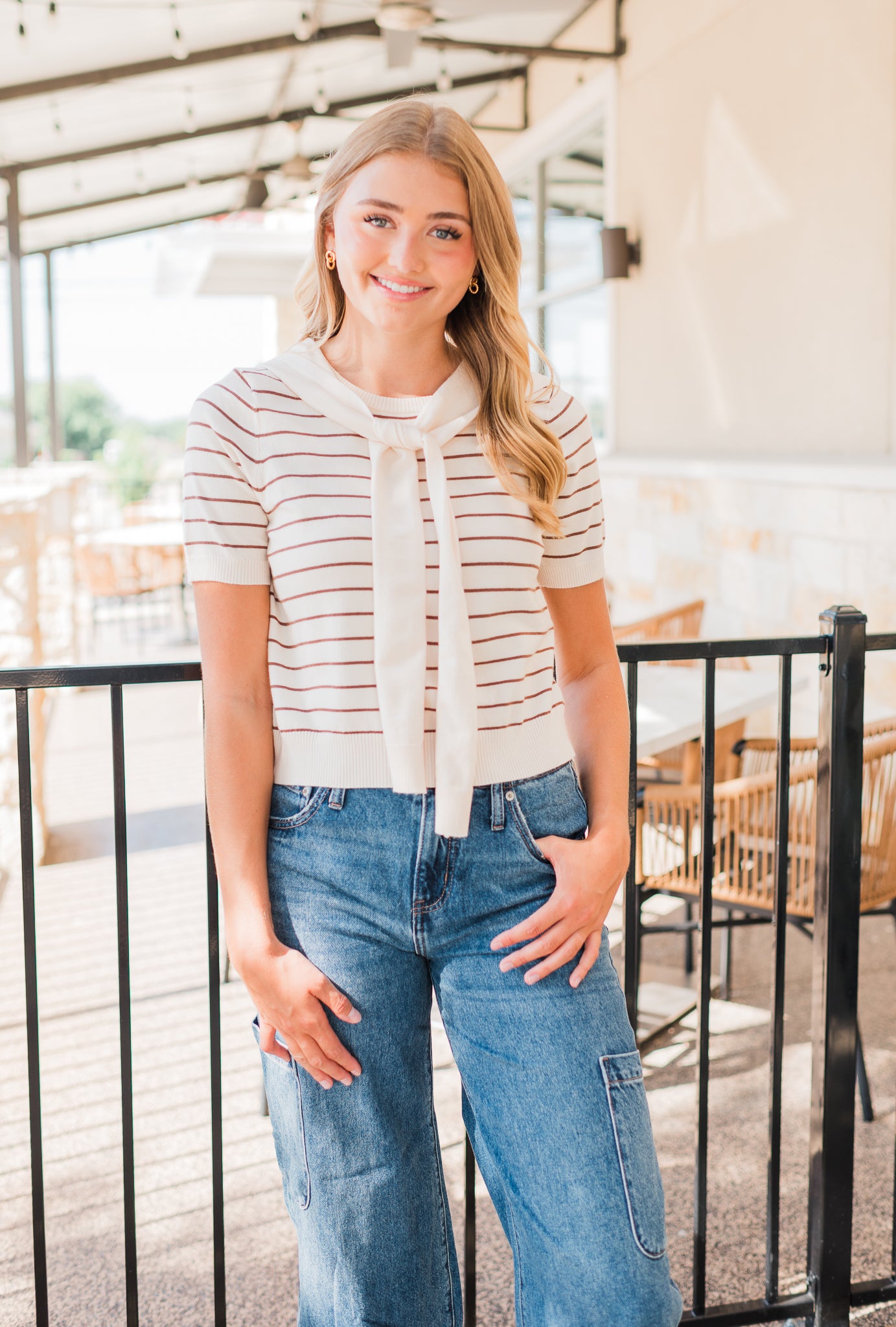 Aubrie Scarf Top | Ecru Stripe