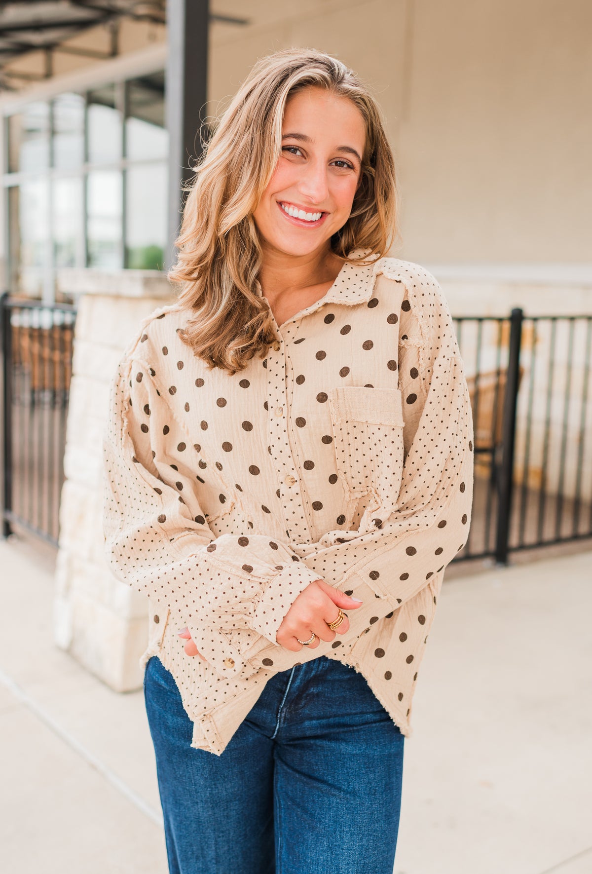Palmer Top | Tan Polka Dot