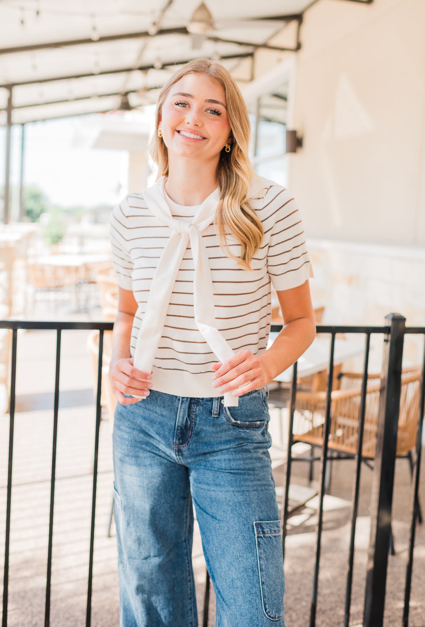 Aubrie Scarf Top | Ecru Stripe