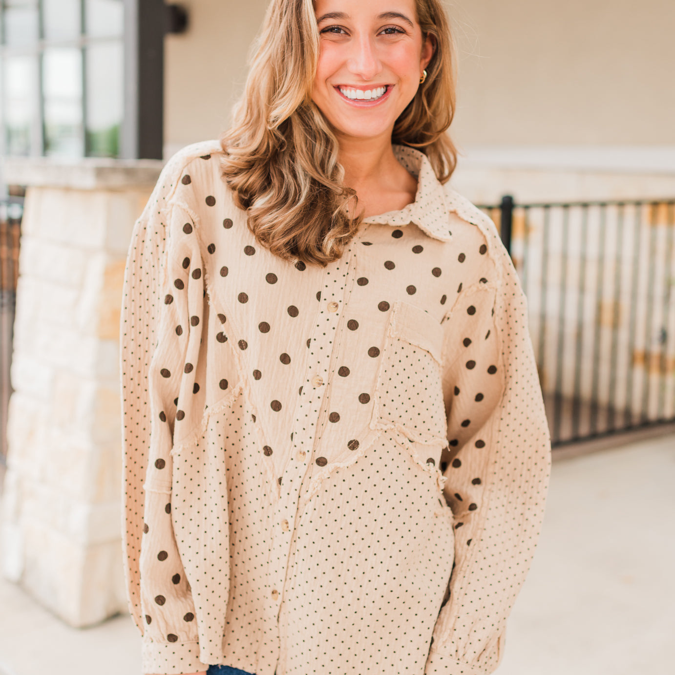 Palmer Top | Tan Polka Dot