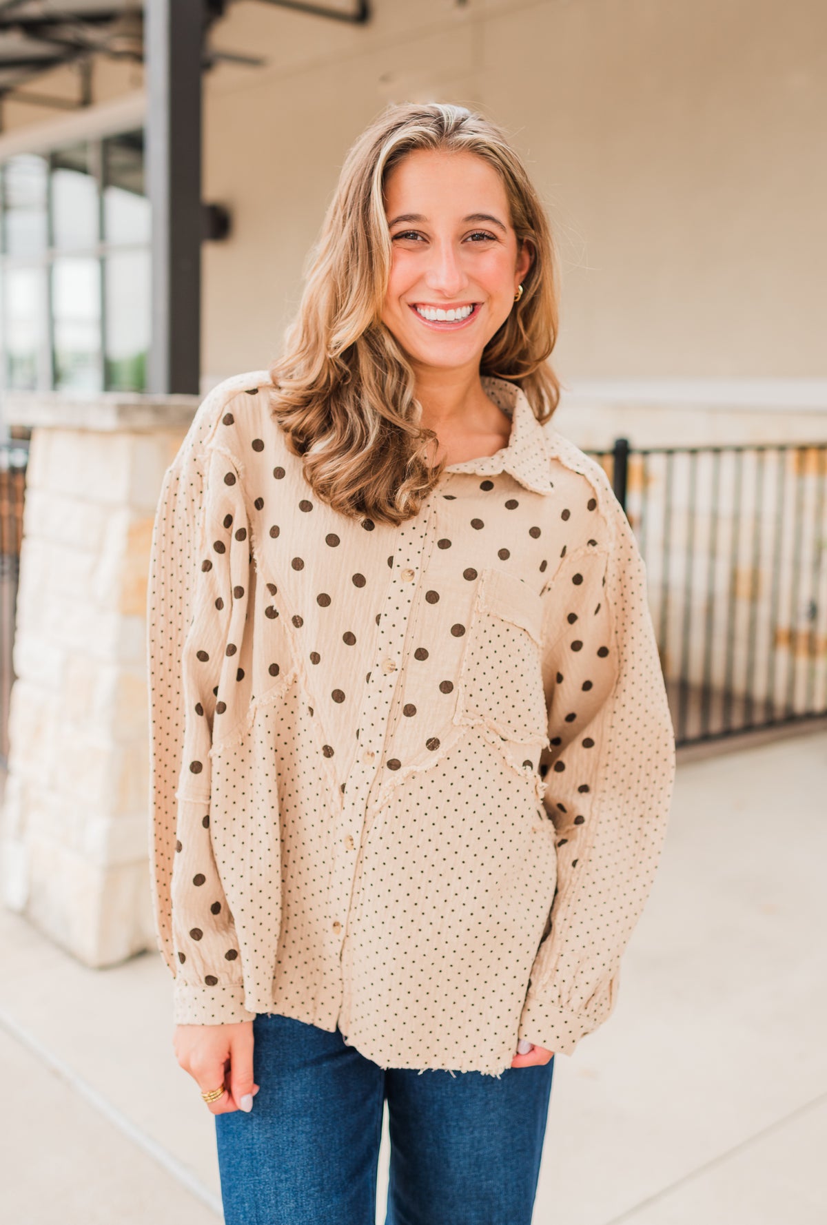 Palmer Top | Tan Polka Dot