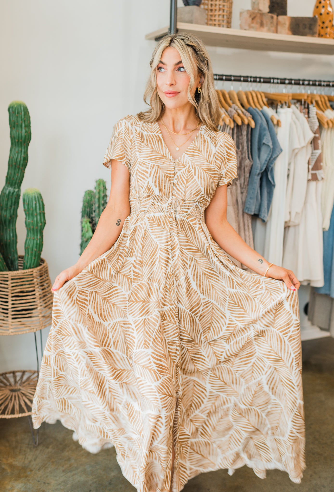 Molly Bracken | Sunset Palm Dress | Camel