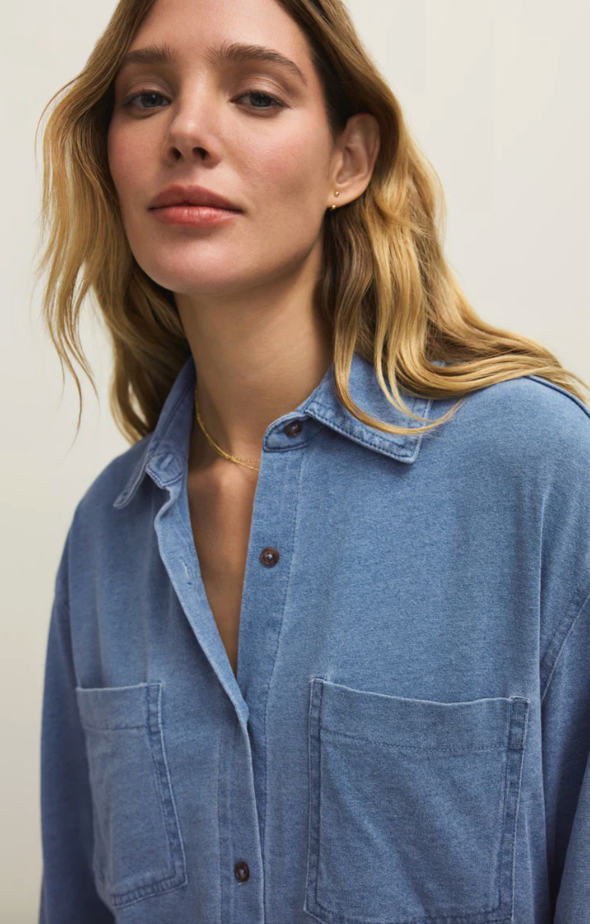 Reese Jersey Denim Button Up | Santorini Indigo