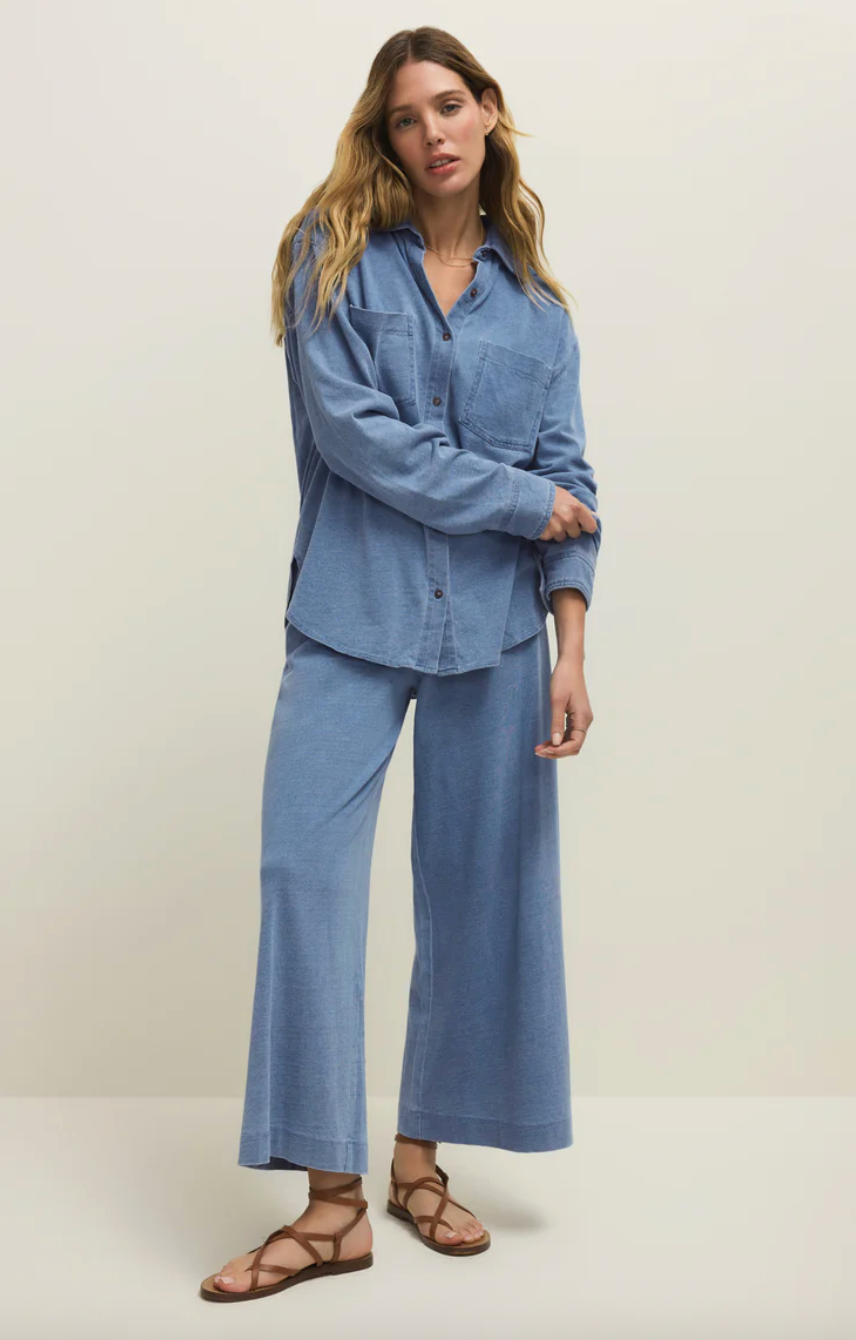 Reese Jersey Denim Button Up | Santorini Indigo
