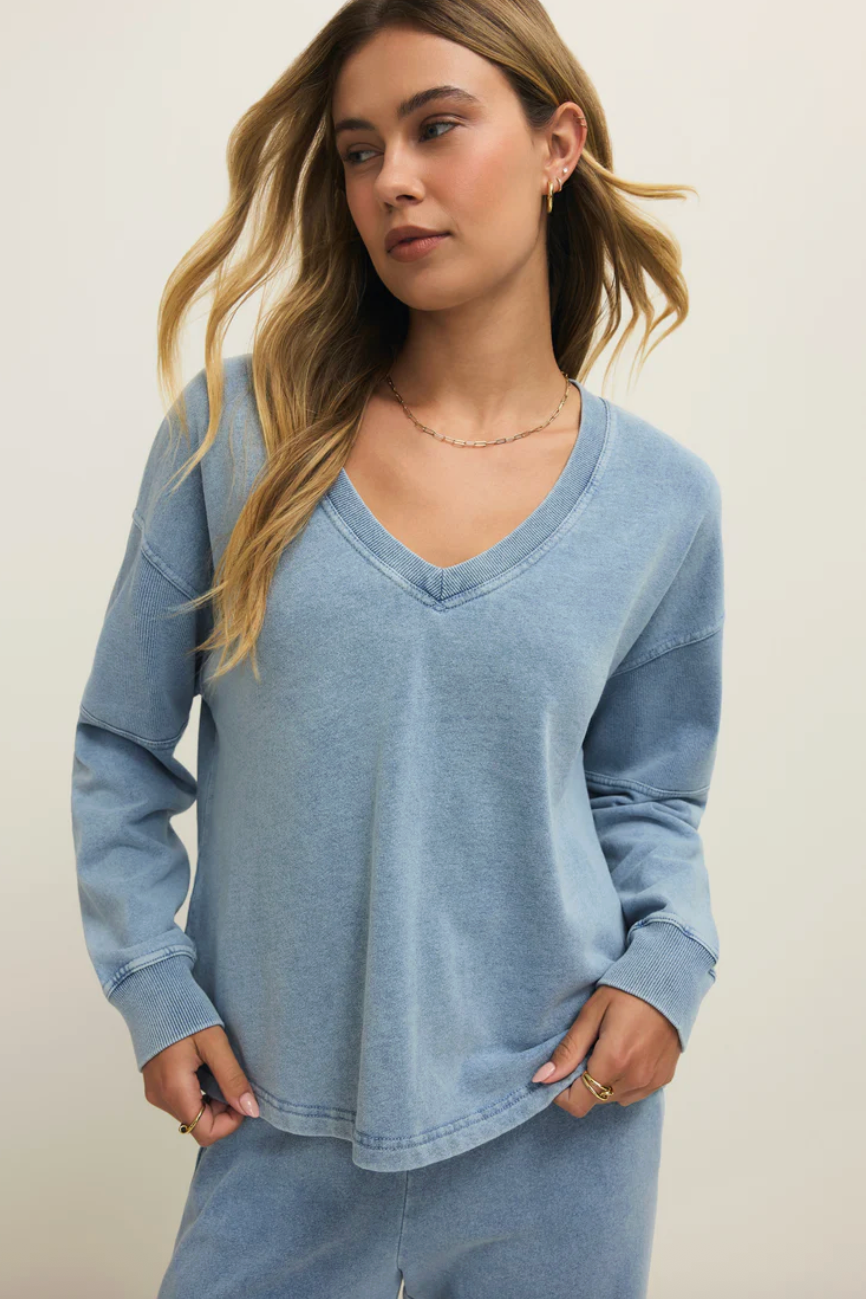 Delphine Knit Denim Sweatshirt | Ocean Air Indigo