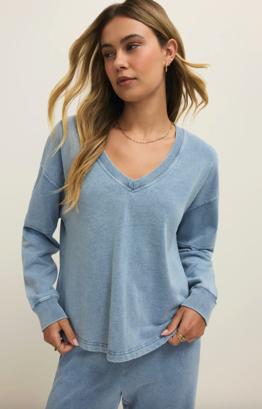 Delphine Knit Denim Sweatshirt | Ocean Air Indigo