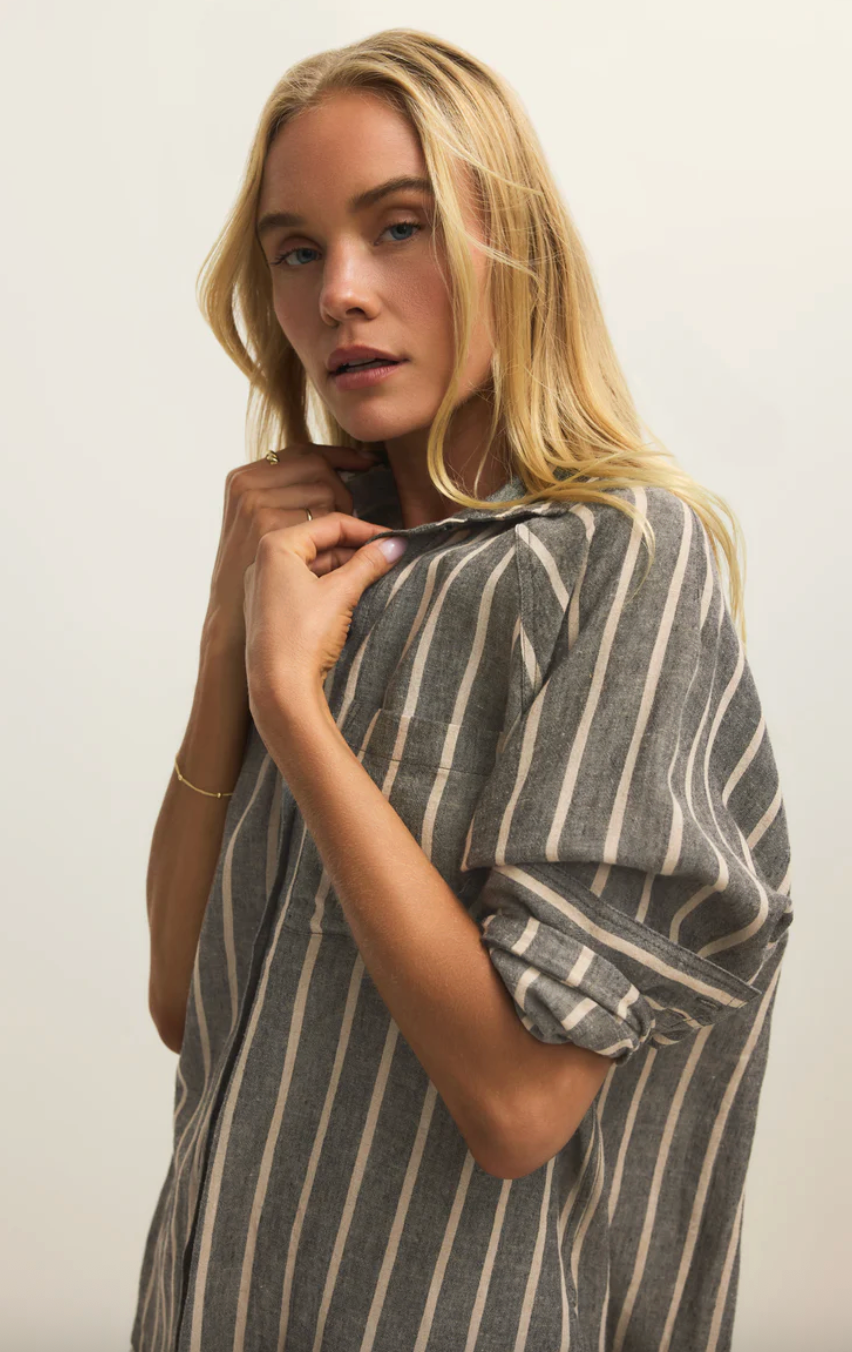 Perfect Linen Striped Top | Black
