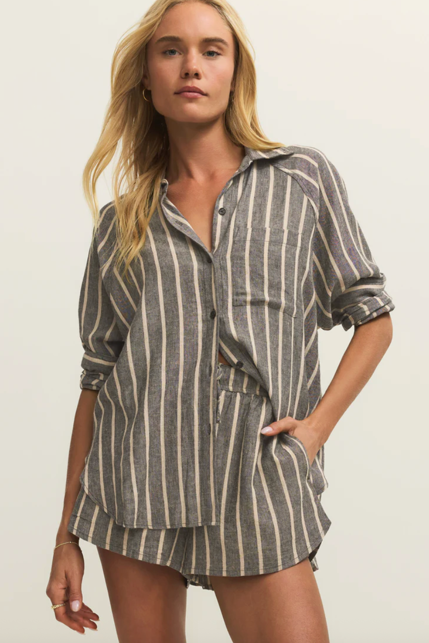 Perfect Linen Striped Top | Black