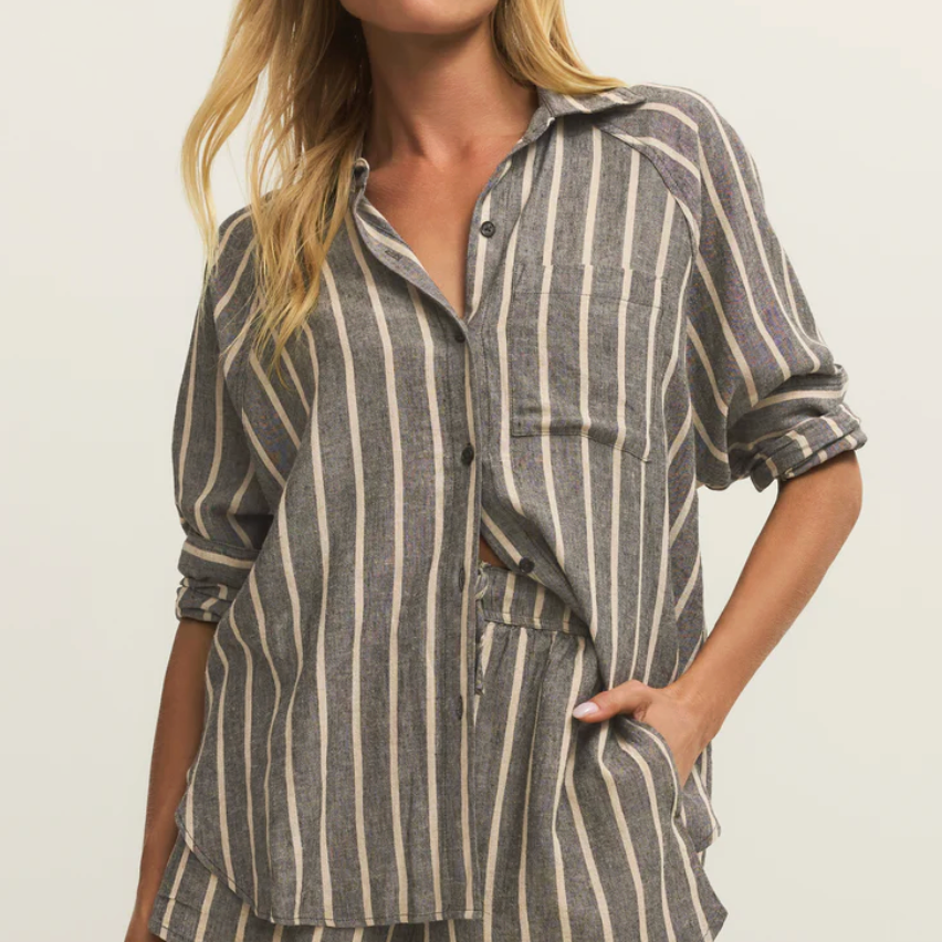 Perfect Linen Striped Top | Black