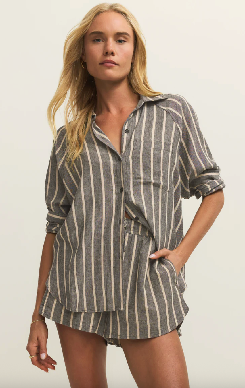 Perfect Linen Striped Top | Black