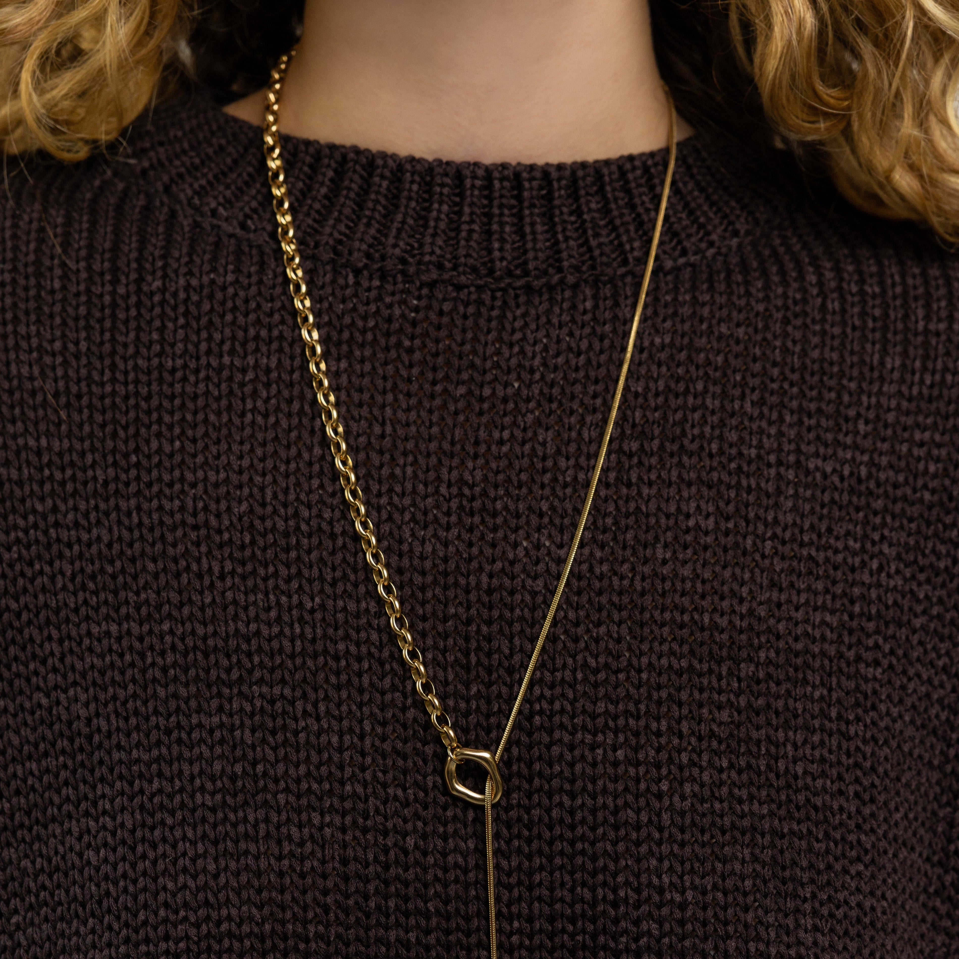 Waterproof Gold Double Oval Lariat Necklace