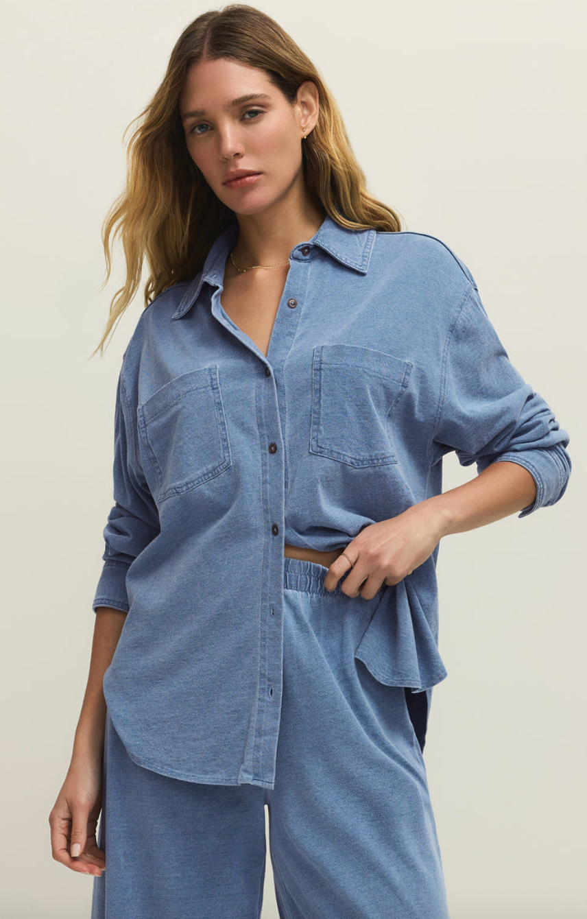 Reese Jersey Denim Button Up | Santorini Indigo
